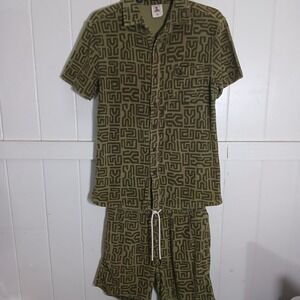 Dandy Del Mar Cabana Set Mens XS Olive Green Gaucho Terry Cloth Maze Pattern